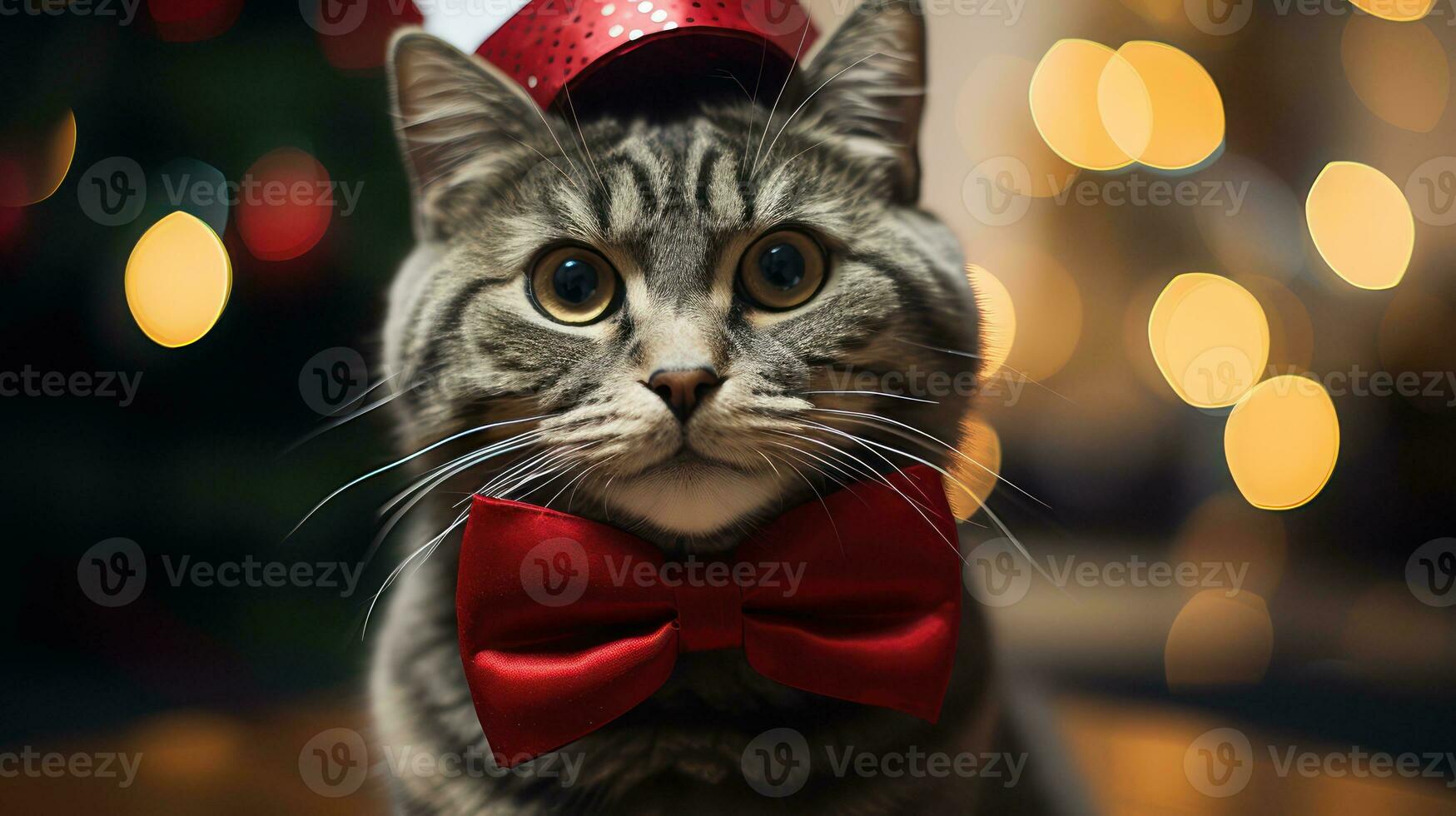 de cerca retrato de un linda gato en un rojo Papa Noel claus sombrero entre ardiente luces en el antecedentes de un invierno Nevado paisaje. nuevo año fiesta. copos de nieve en el aire. generativo ai. foto