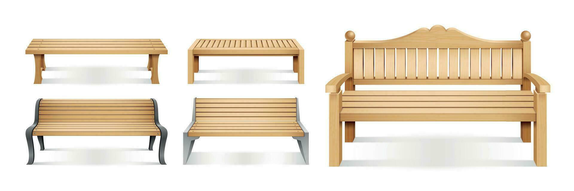 Realistic Wooden Park Benches Icon Set vector