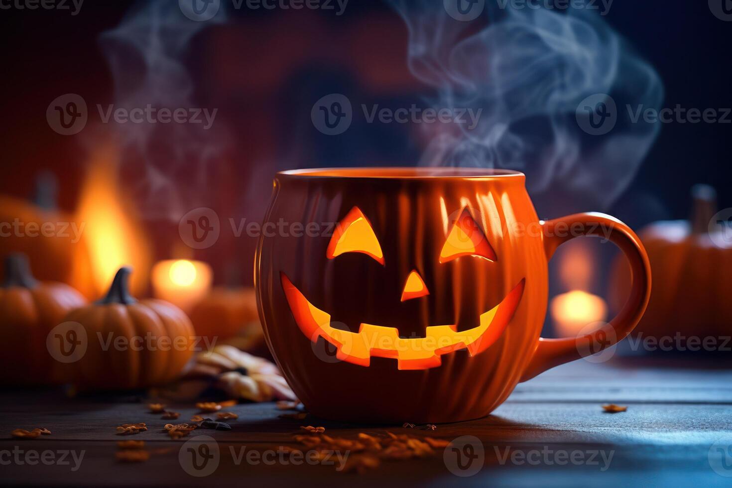 Halloween coffee,pumpkin cup with a hot drink and steam on a black scary background, a festive banner for a cafe with a copy space. . photo