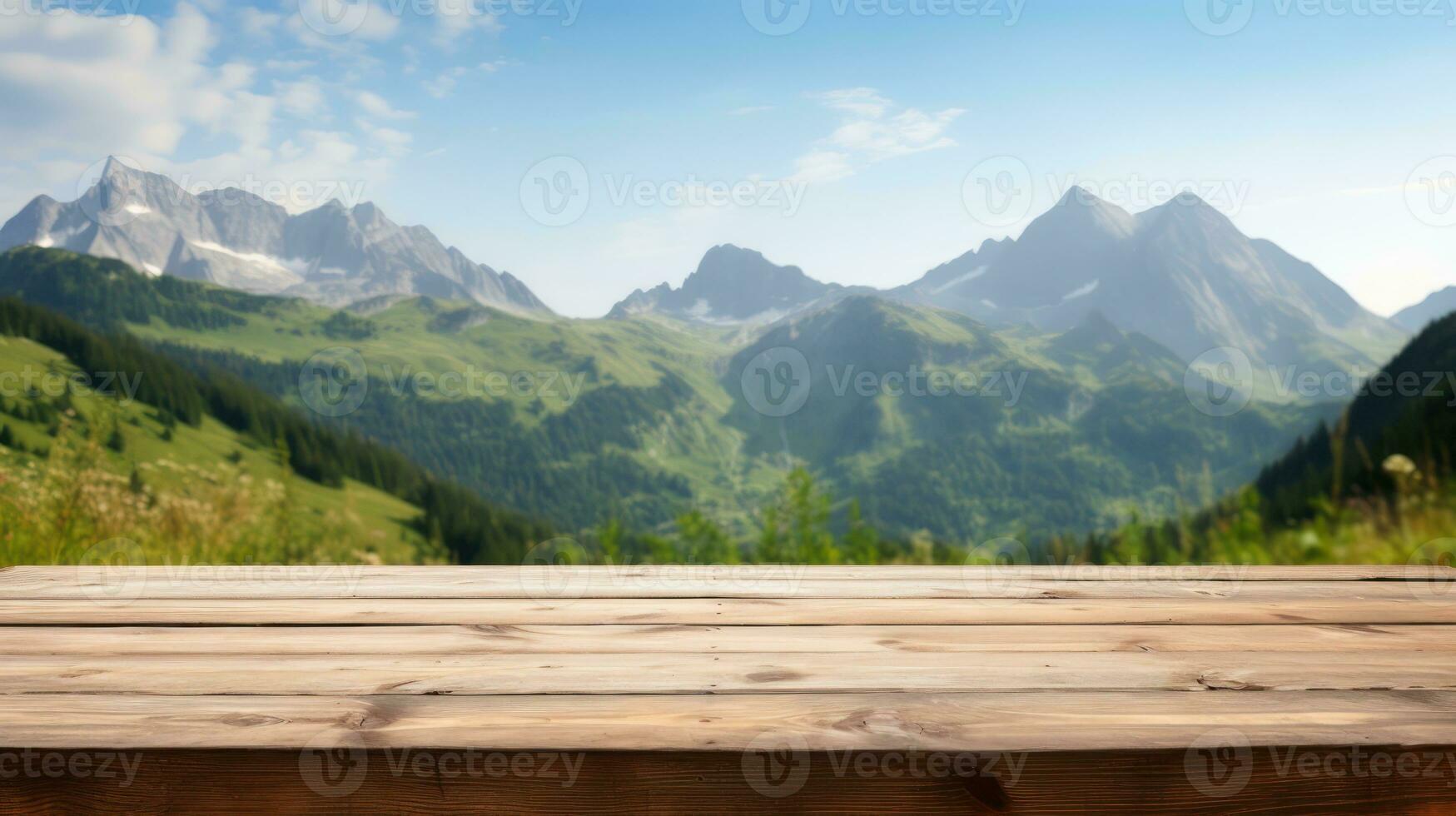 Wood table top on blur hill mountain a sunrise nature background, landscape with desk plank can be used for display your products. Generative Ai. photo