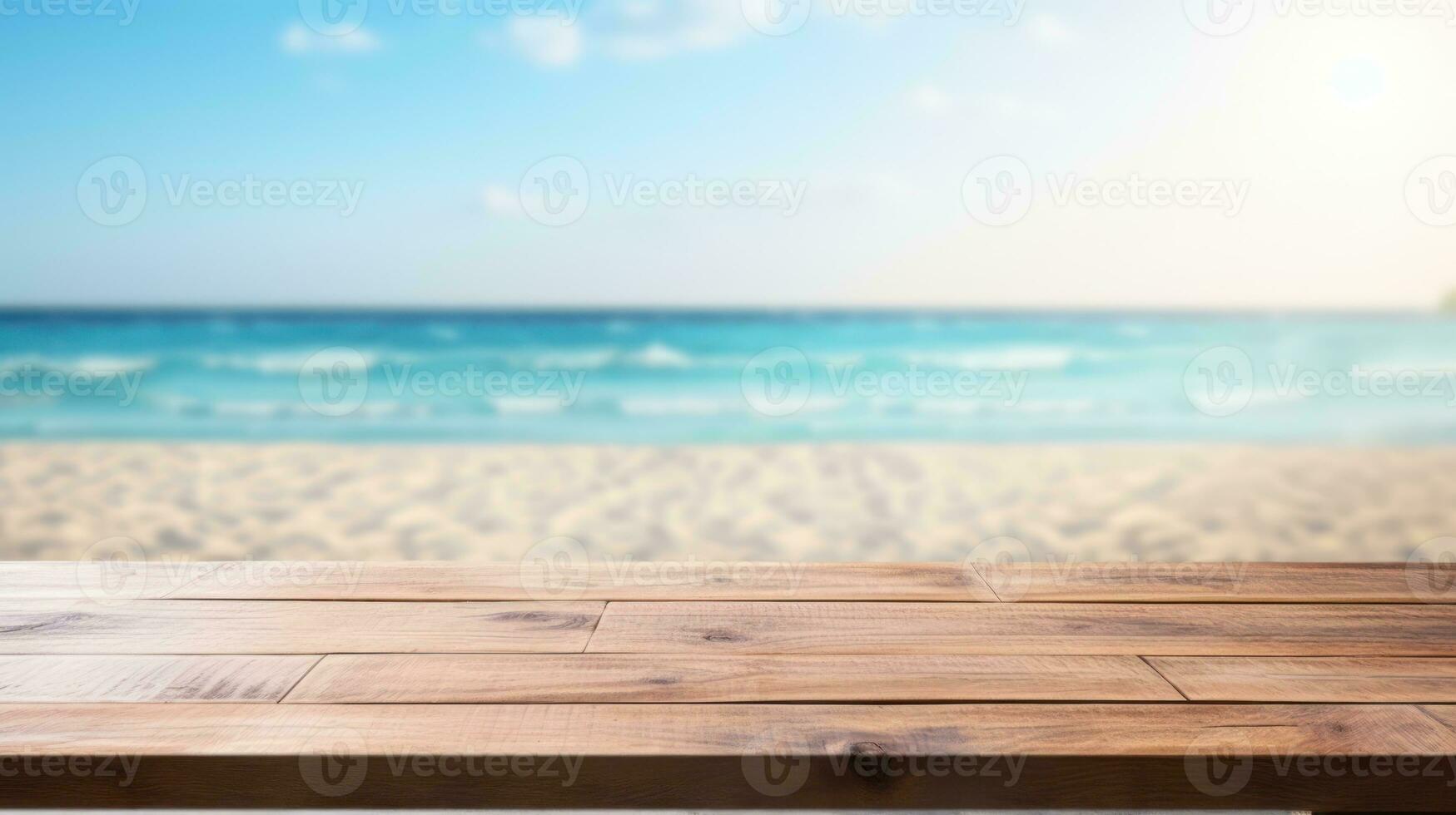 Wooden desk of free space for your decoration and summer landscape of beach. Generative Ai. photo