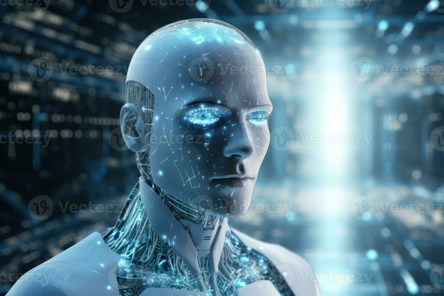 humanoid robot on white isolated. data network connection background. Generative Ai. photo