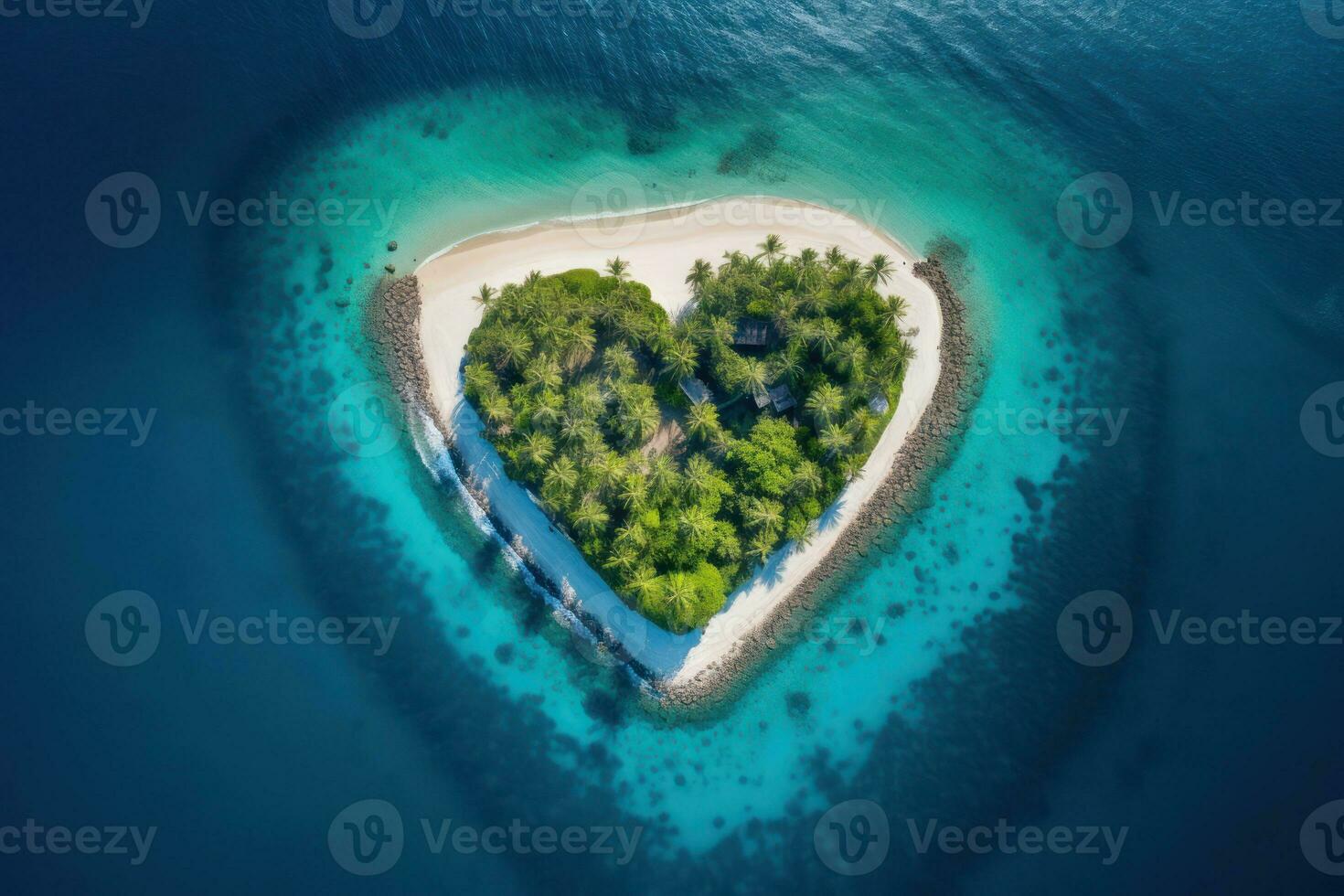 tropical isla en el forma de corazón. aéreo vista. 3d ilustración. generativo ai. foto