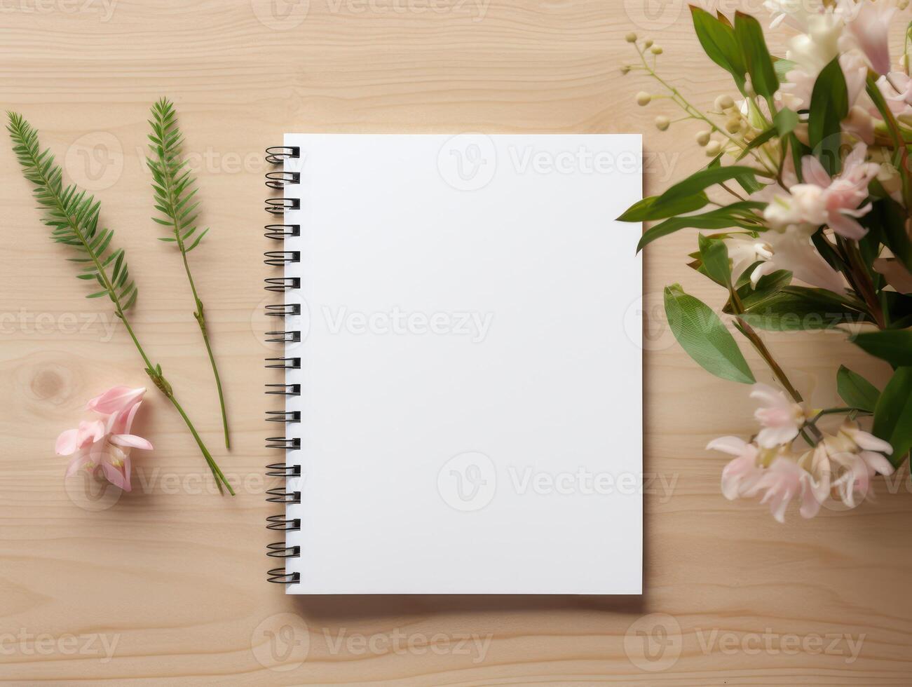 Top view of spiral notebok with pencil on wooden table. Emtry page for text. . photo