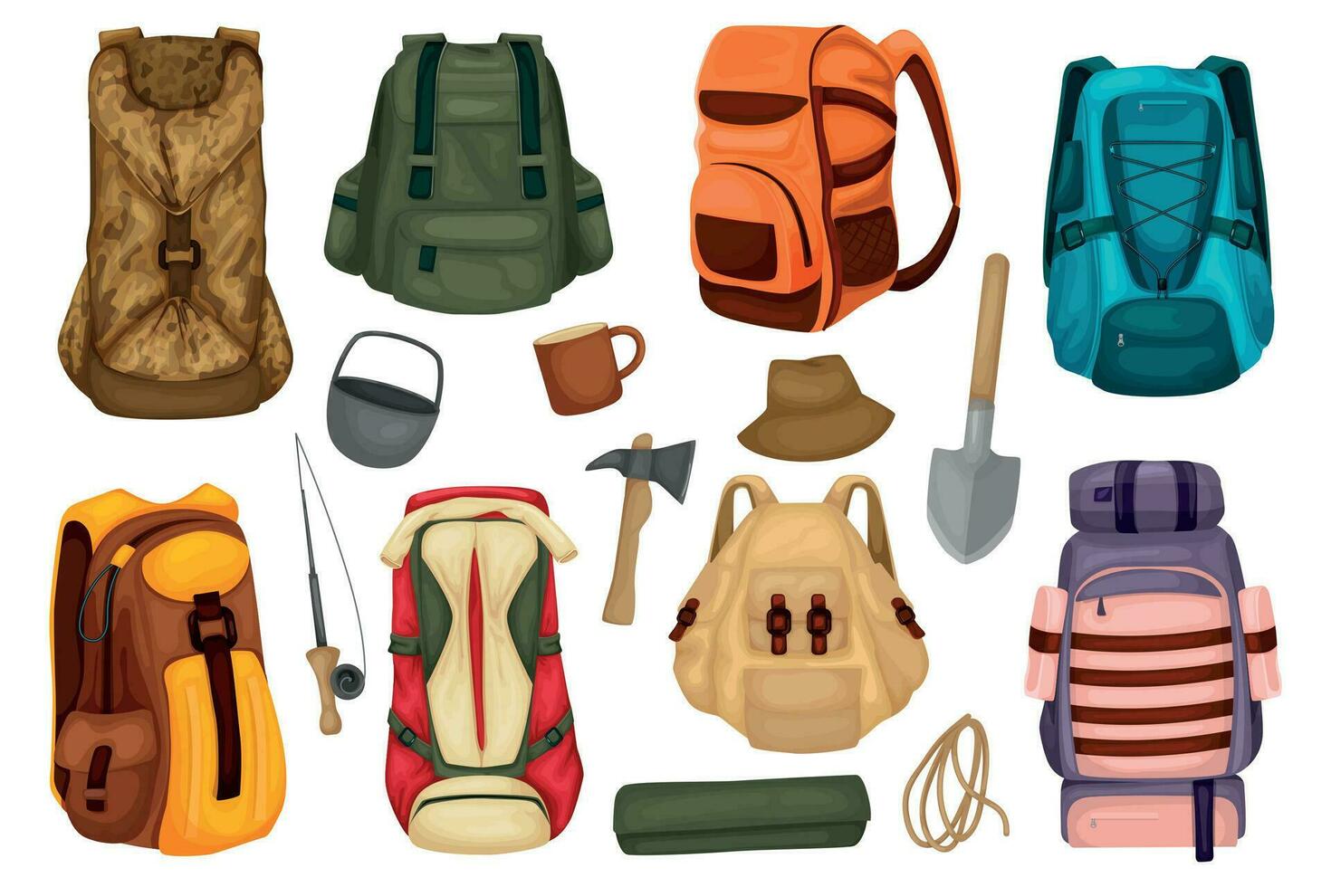 Hiking Items Flat Set vector