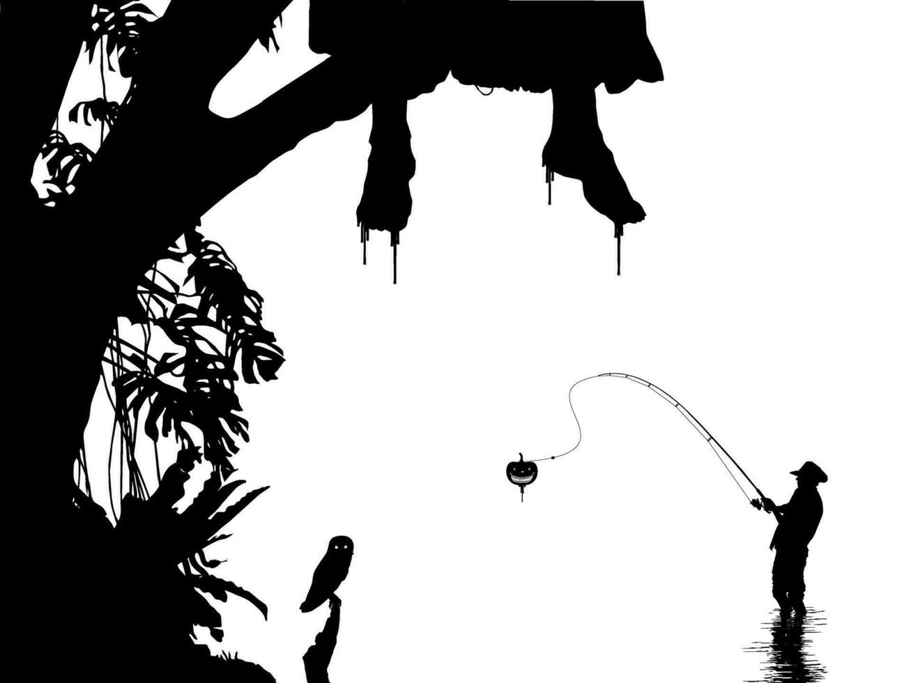 Angler or Fisher Man on the Haunted Lake Strike got Scary Pumpkin, Horror Illustration for Halloween Theme or Film Movie Poster. Vector Illustration