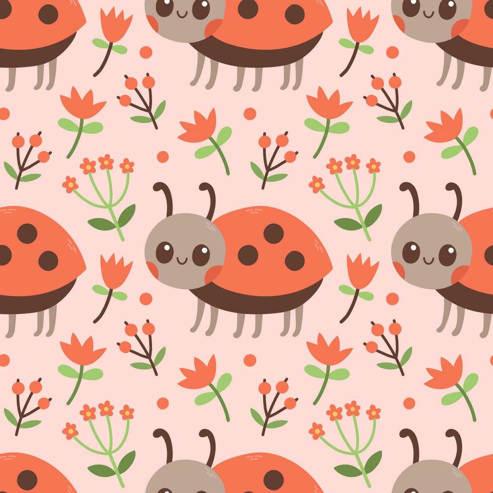 Seamless pattern of ladybug, red flowers and green leaf on pink background vector illustration. Cute hand drawn floral pattern. Vector illustration