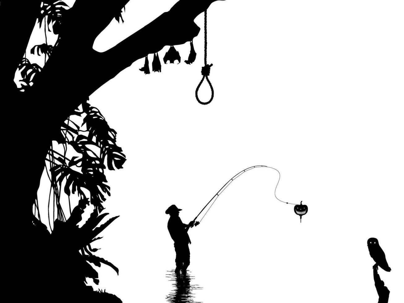 pescador de caña o pescador hombre en el obsesionado lago Huelga tiene de miedo calabaza, horror ilustración para Víspera de Todos los Santos tema o película película póster. vector ilustración