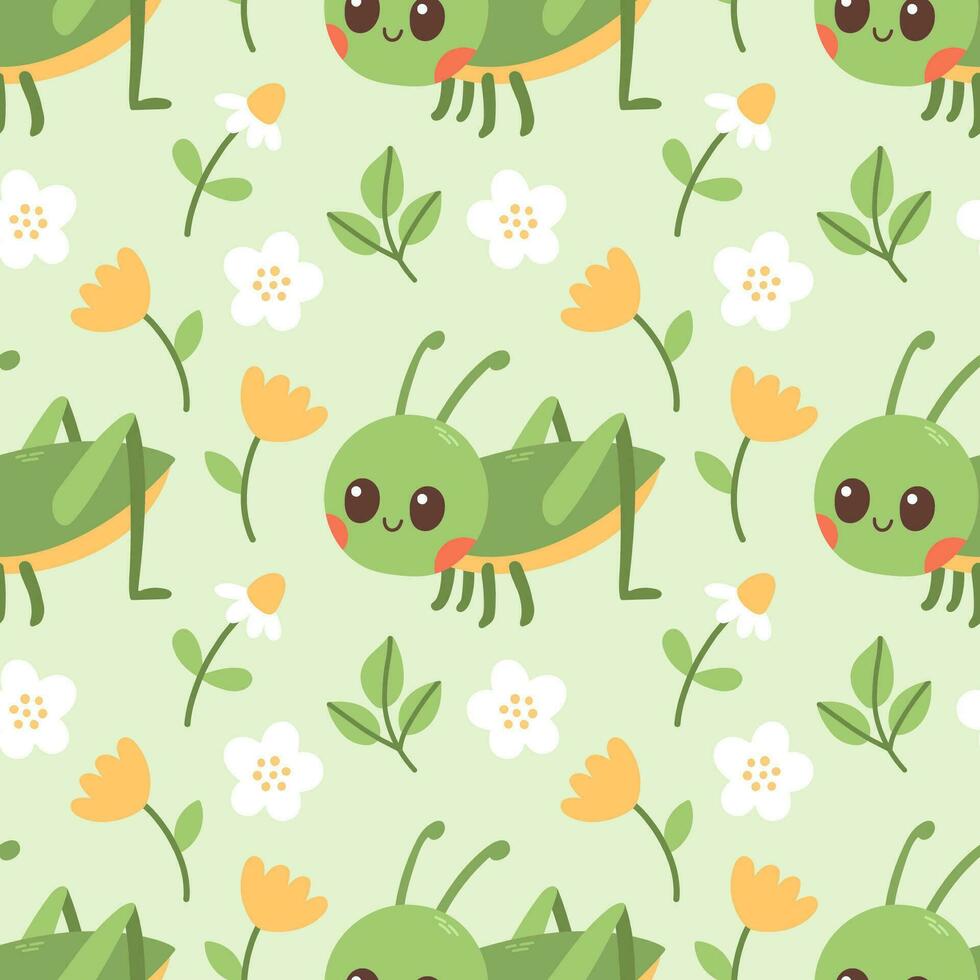 Seamless pattern of grasshopper, flowers and green leaf on green background vector illustration. Cute hand drawn floral pattern. Vector illustration