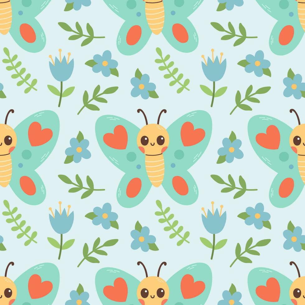 Seamless pattern of butterfly, blue flowers and green leaf on blue background vector illustration. Cute hand drawn floral pattern. Vector illustration