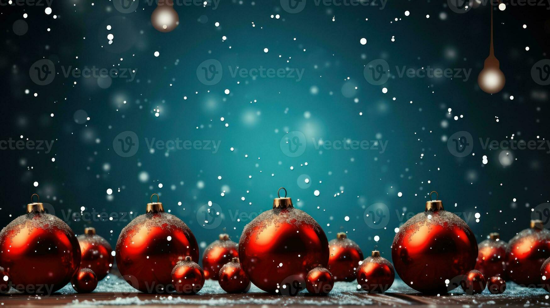 Christmas background with fir branches and balls on snow falling background. Generative Ai. photo