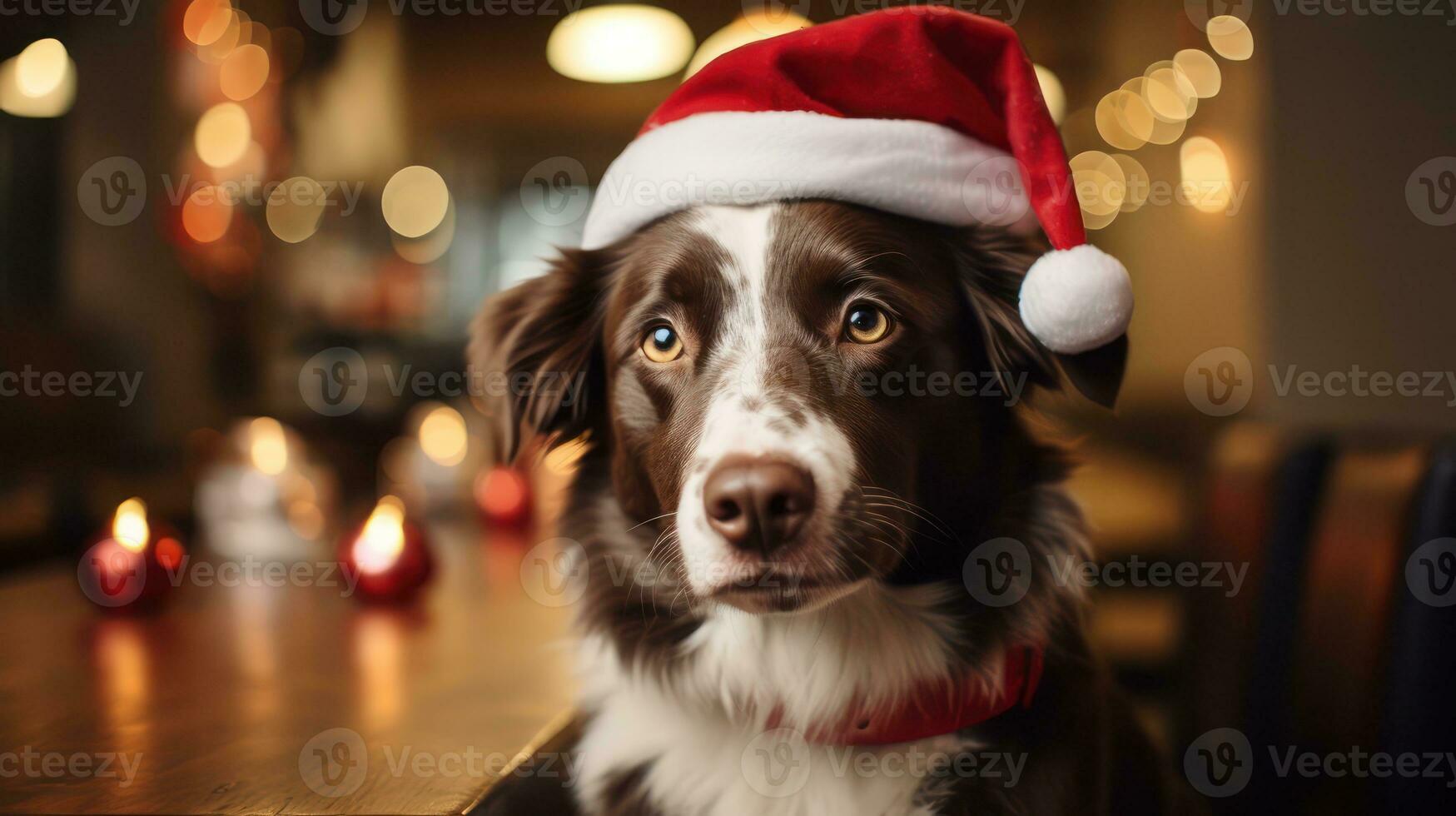 de cerca retrato de un linda perro en un rojo Papa Noel claus sombrero entre ardiente luces en el antecedentes de un invierno Nevado paisaje. nuevo año fiesta. copos de nieve en el aire. generativo ai. foto