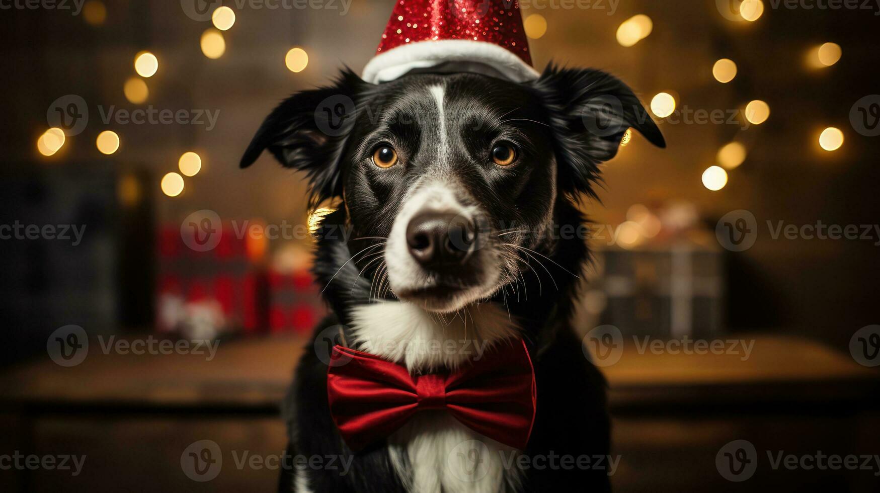 Close-up portrait of a cute dog in a red Santa Claus hat among burning lights on the background of a winter snowy landscape. New year party. Snowflakes in the air. Generative Ai. photo