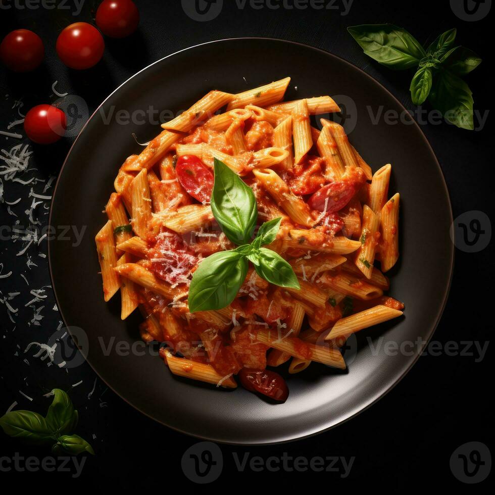 Top view Italian penne pasta in creamy vodka tomato sauce with crumbled sausage and mushrooms on the kitchen table. Generative Ai. photo