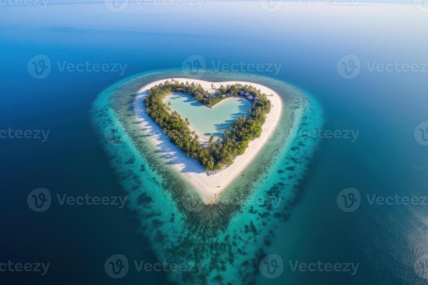 Tropical island in the shape of heart. Aerial view. 3D illustration. Generative Ai. photo