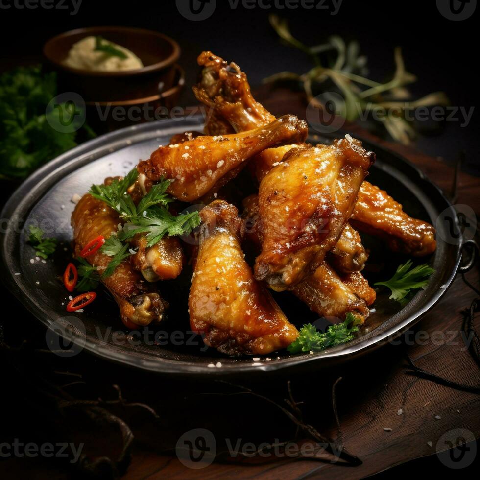 Baked chicken wings served with different sauces and lemon. Black background. Generative Ai. photo