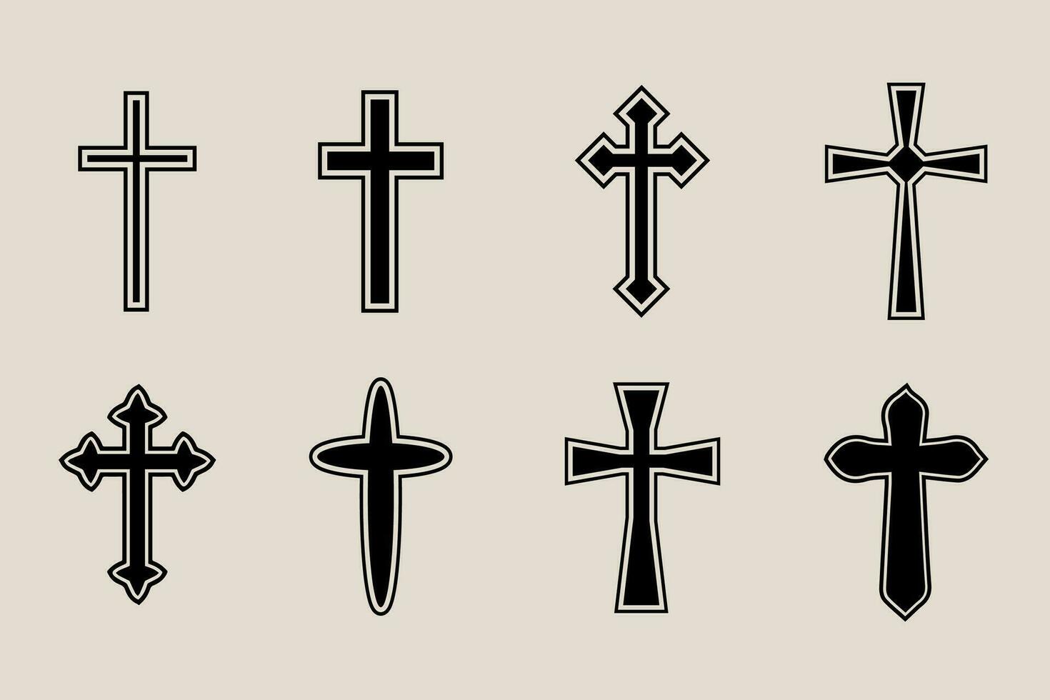 decorativo crucifijo religión católico símbolo, cristiano cruces ortodoxo fe Iglesia cruzar íconos diseño, aislado plano colocar. vector ilustración.