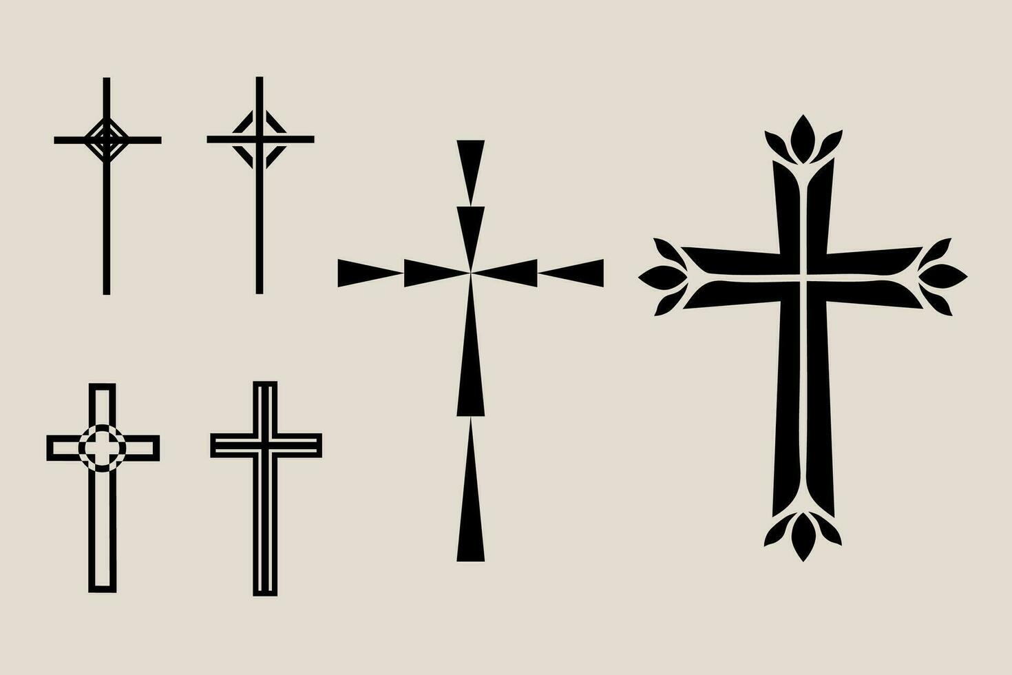 decorativo crucifijo religión católico símbolo, cristiano cruces ortodoxo fe Iglesia cruzar íconos diseño, aislado plano colocar. vector ilustración.