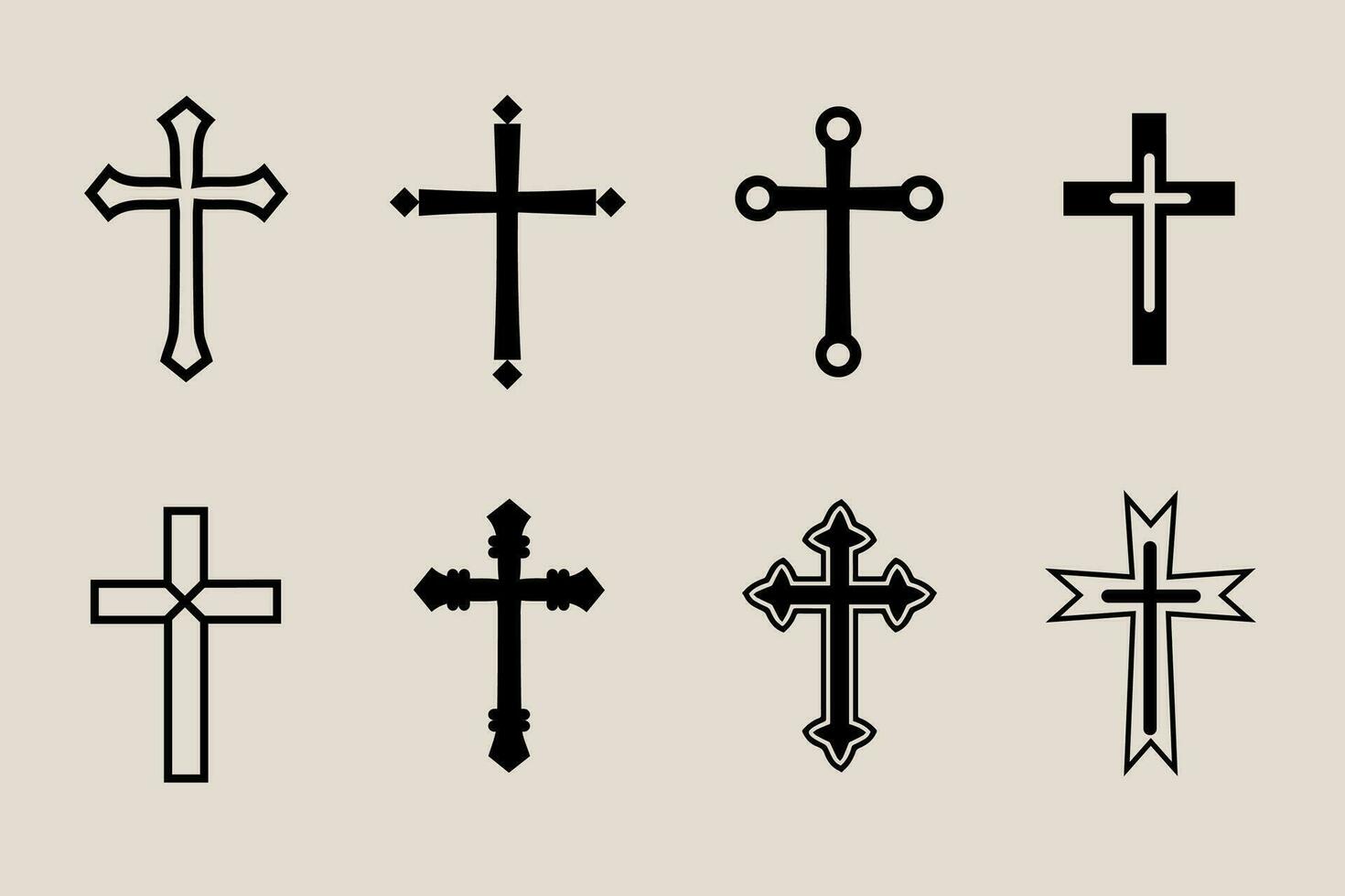 decorativo crucifijo religión católico símbolo, cristiano cruces ortodoxo fe Iglesia cruzar íconos diseño, aislado plano colocar. vector ilustración.