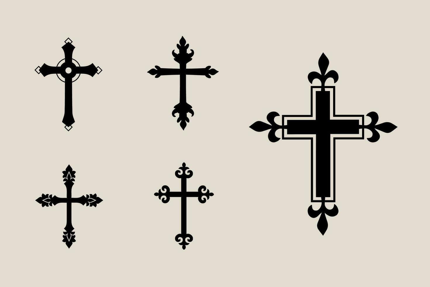 decorativo crucifijo religión católico símbolo, cristiano cruces ortodoxo fe Iglesia cruzar íconos diseño, aislado plano colocar. vector ilustración.