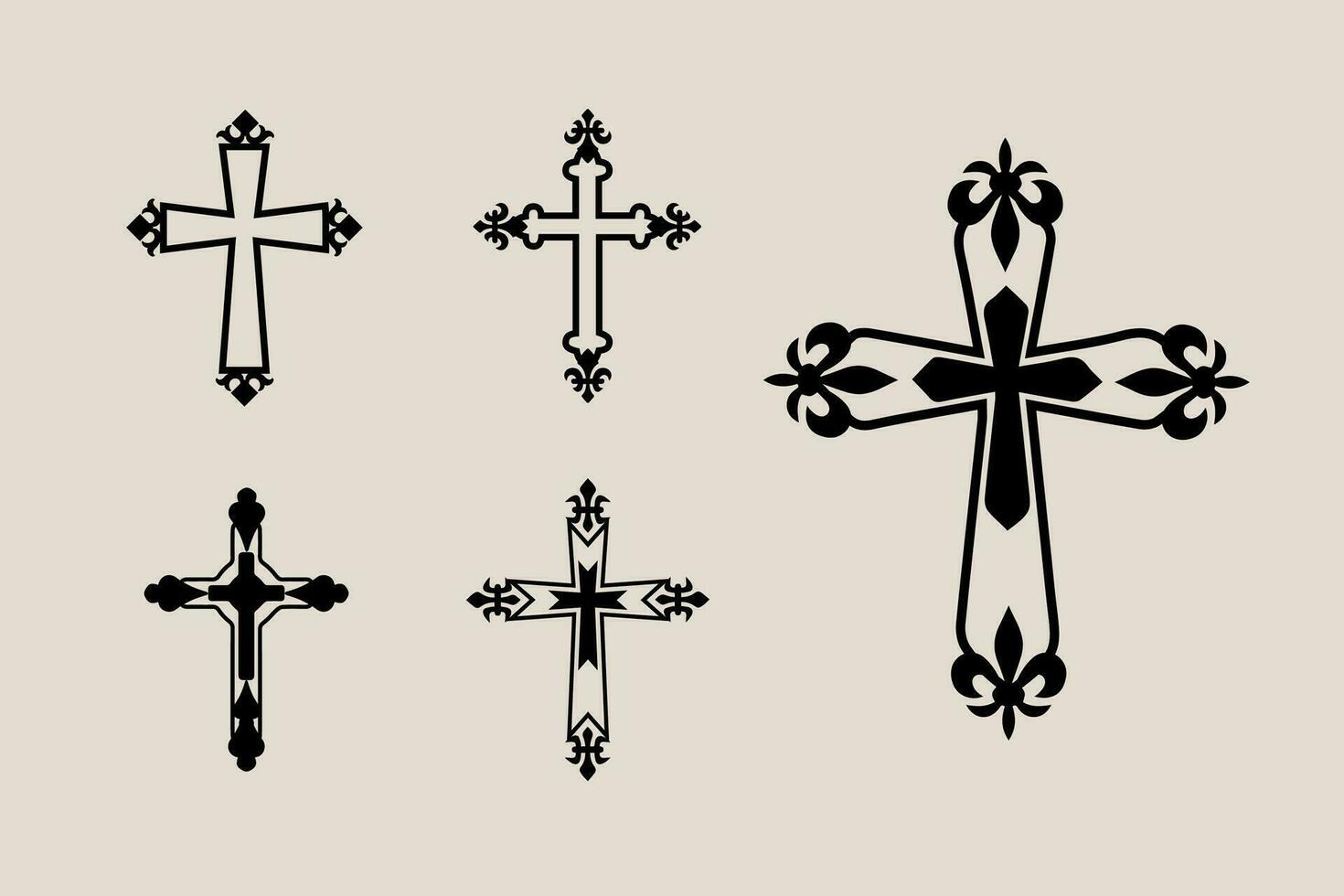 decorativo crucifijo religión católico símbolo, cristiano cruces ortodoxo fe Iglesia cruzar íconos diseño, aislado plano colocar. vector ilustración.