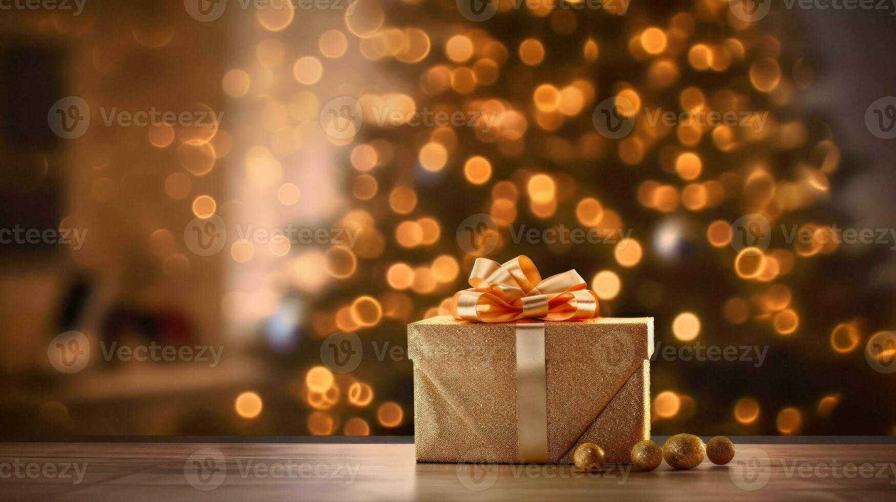 Navidad regalo o presente caja, Nevado abeto árbol y fiesta decoración en contra bokeh antecedentes. nuevo año saludo tarjeta. generativo ai. foto