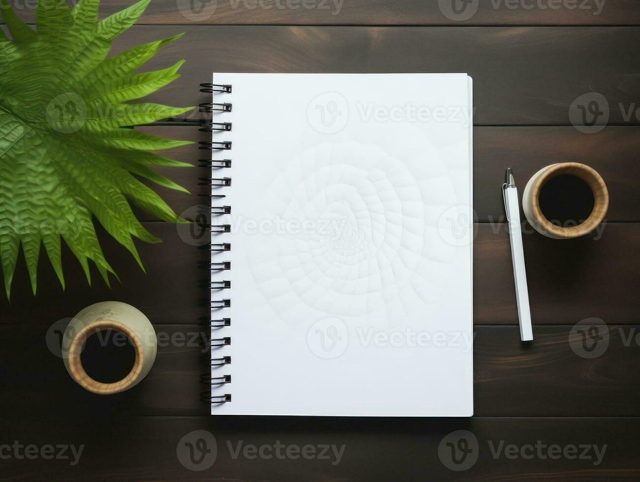 Top view of open spiral blank notebook on wood desk background. Generative Ai. photo