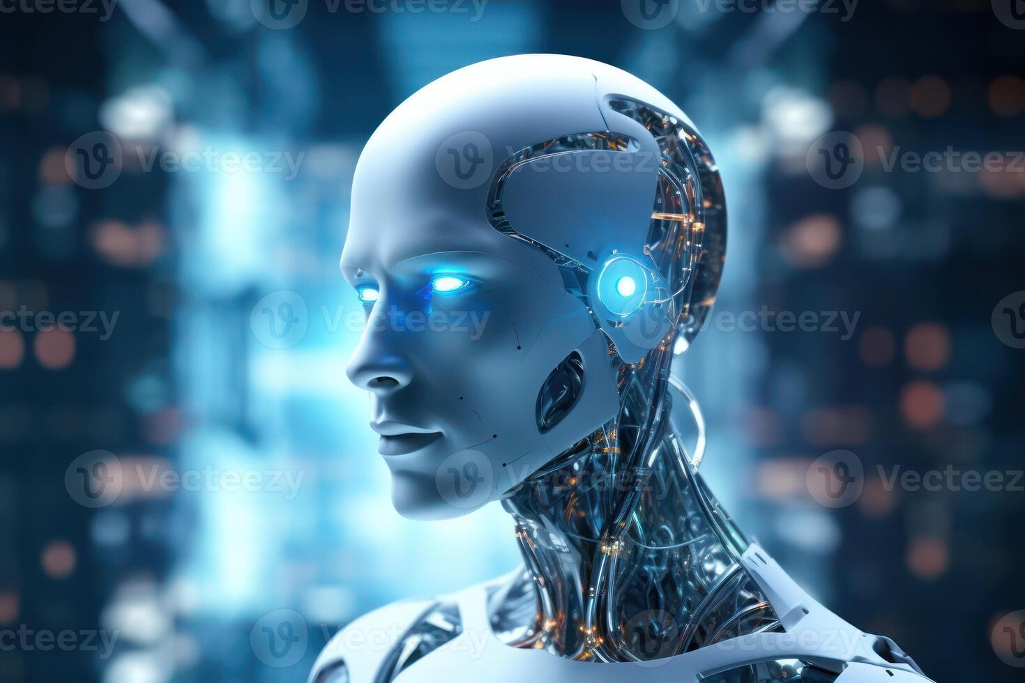 humanoid robot on white isolated. data network connection background. . photo