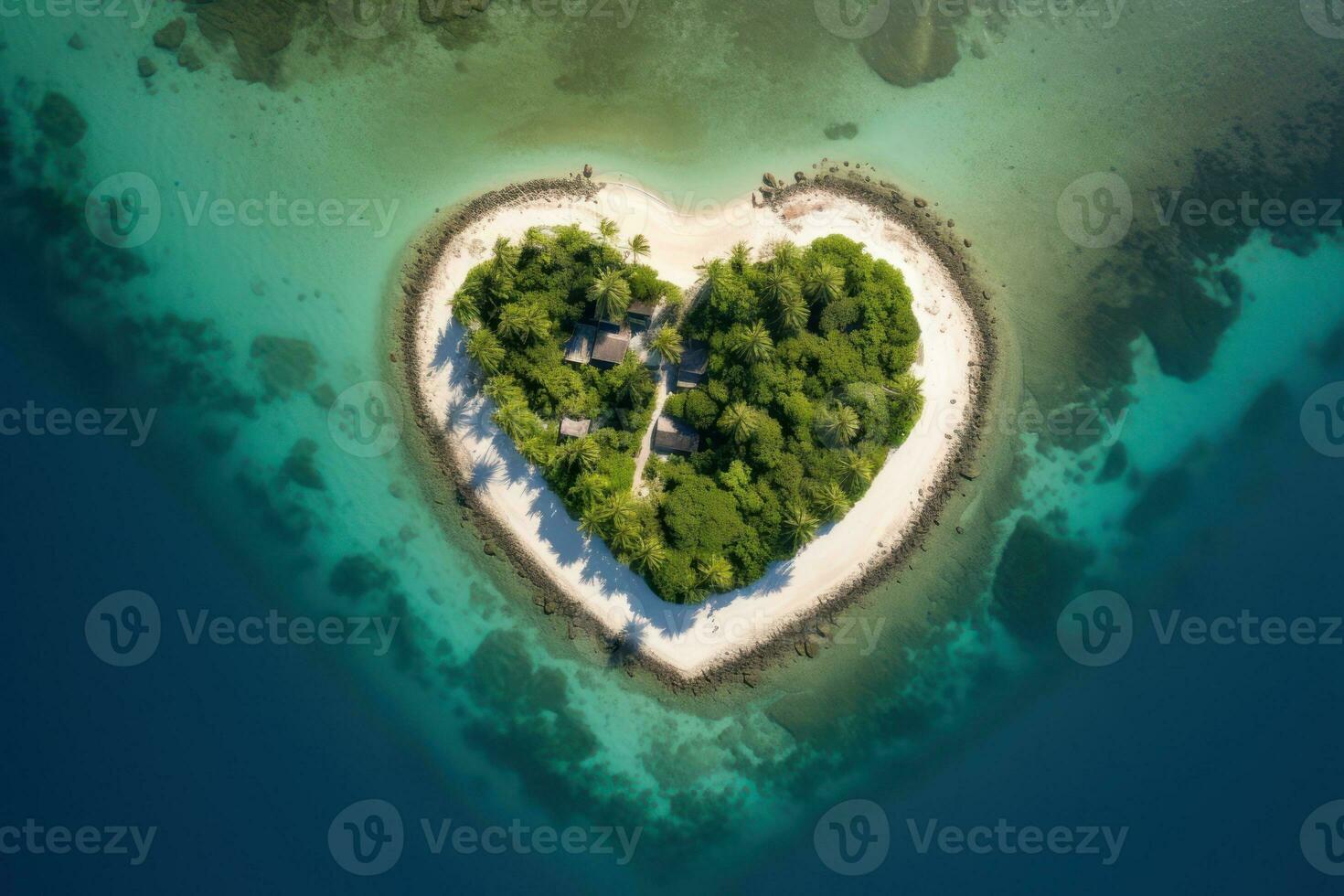 tropical isla en el forma de corazón. aéreo vista. 3d ilustración. generativo ai. foto