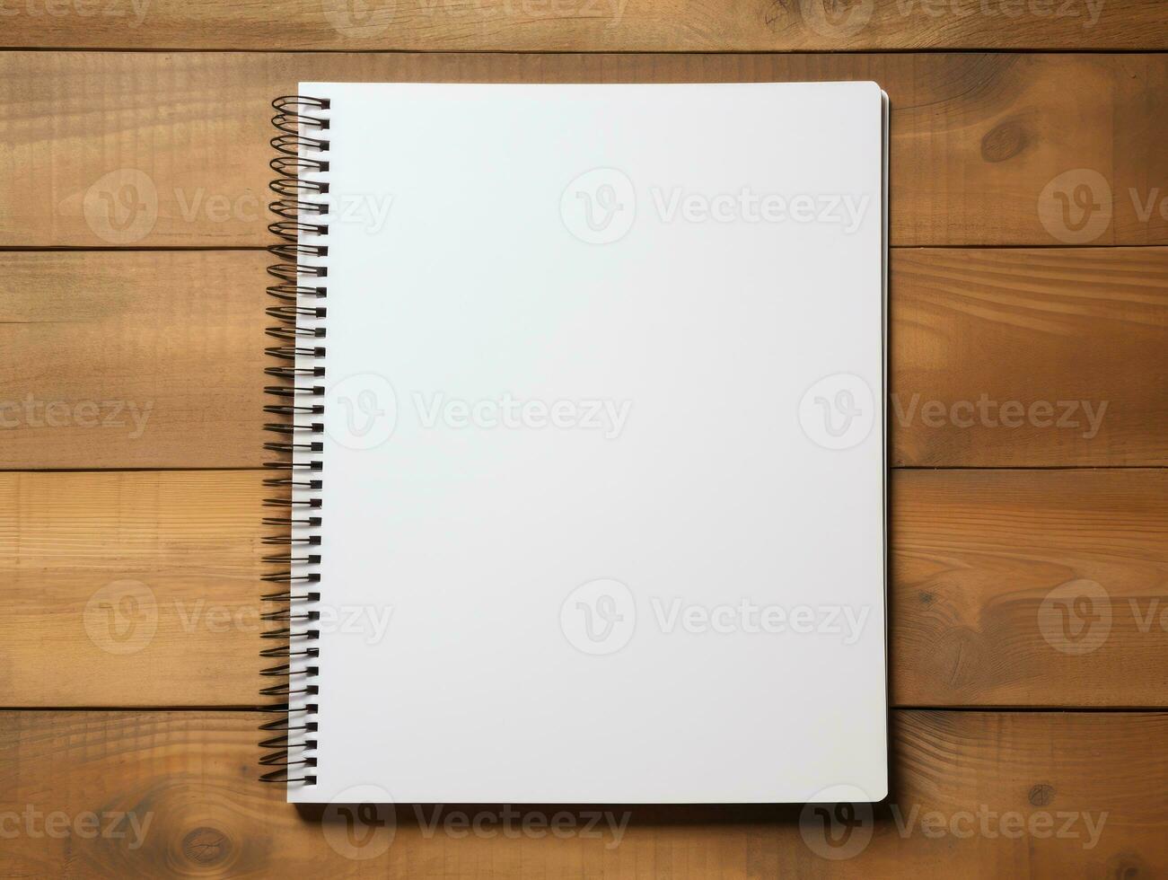 Top view of open spiral blank notebook on wood desk background. Generative Ai. photo