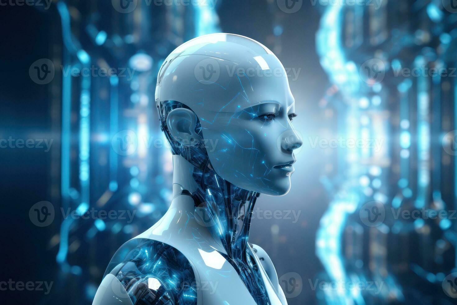 humanoid robot on white isolated. data network connection background. Generative Ai. photo