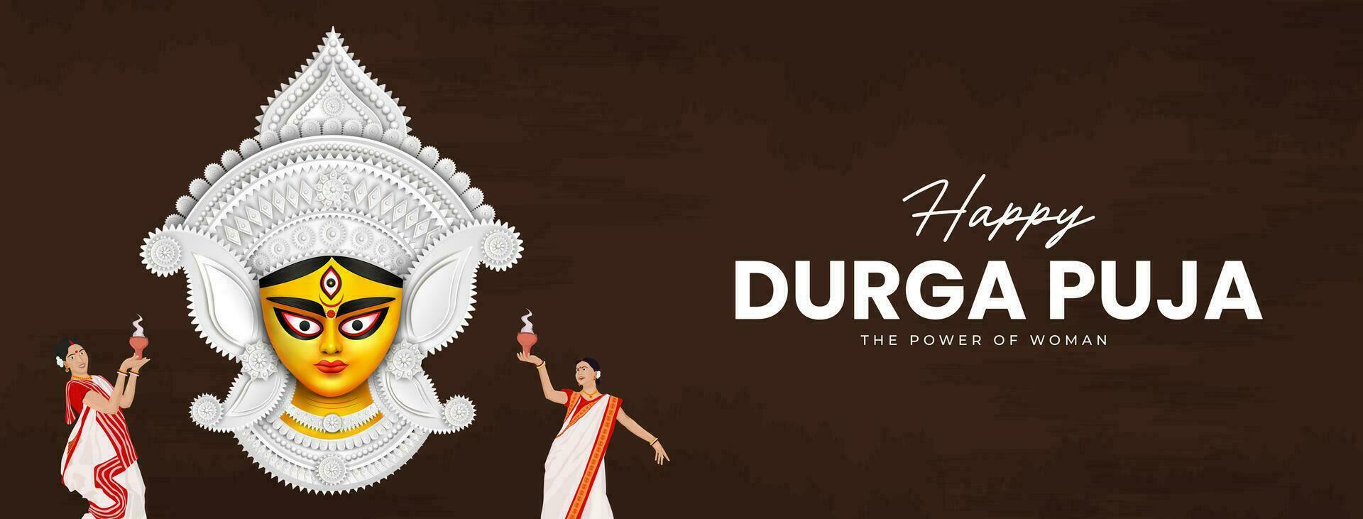 diosa maa Durga cara en contento Durga puya, dussehra, y navratri celebracion concepto para web bandera, póster, social medios de comunicación correo, y volantes publicidad vector