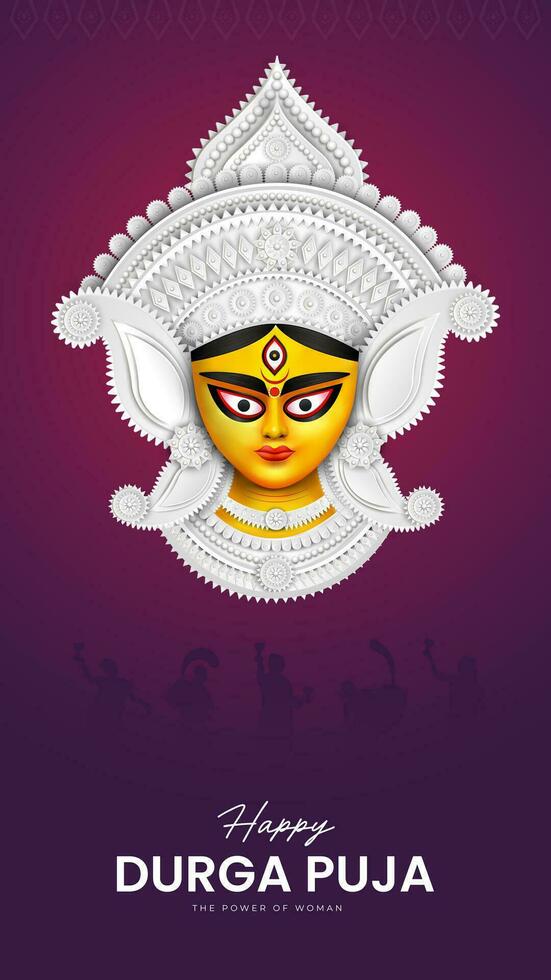 Goddess Maa Durga Face in Happy Durga Puja, Dussehra, and Navratri Celebration Concept for Web Banner, Poster, Social Media Post, and Flyer Advertising vector