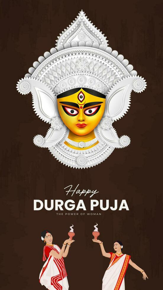 diosa maa Durga cara en contento Durga puya, dussehra, y navratri celebracion concepto para web bandera, póster, social medios de comunicación correo, y volantes publicidad vector