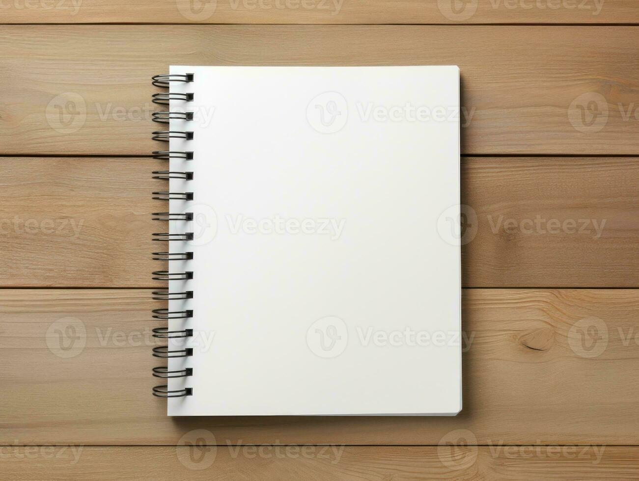 parte superior ver de espiral cuaderno con lápiz en de madera mesa. emtry página para texto. generativo ai. foto