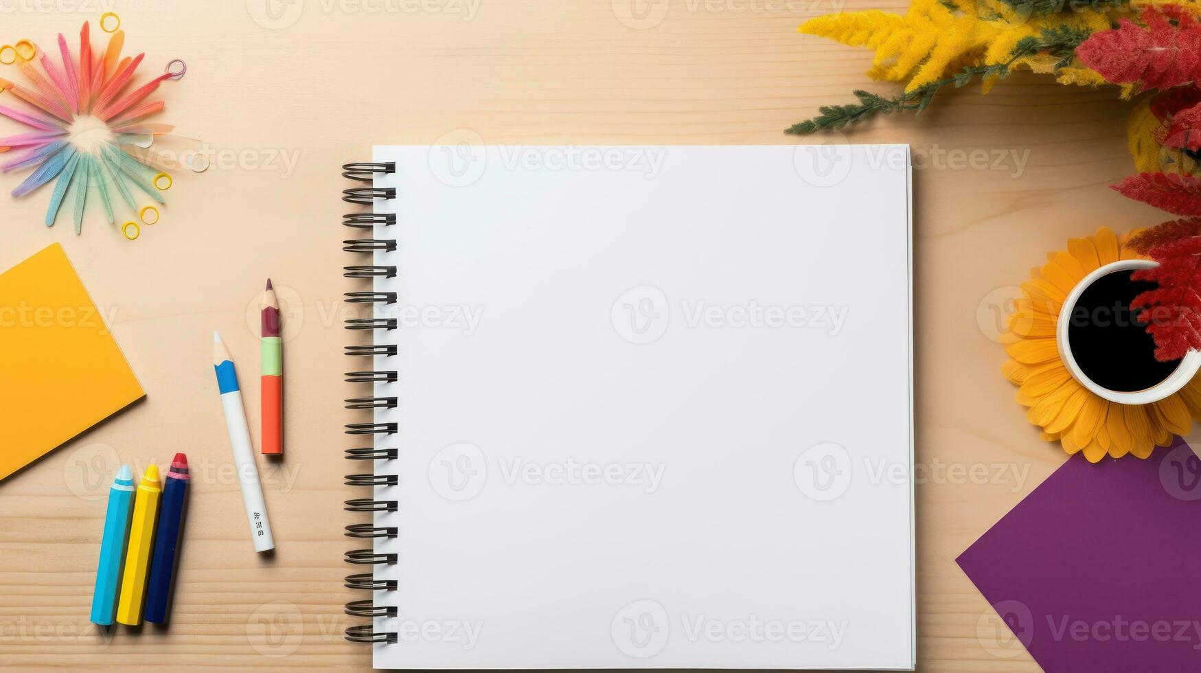 parte superior ver de abierto espiral blanco cuaderno en madera escritorio antecedentes. generativo ai. foto