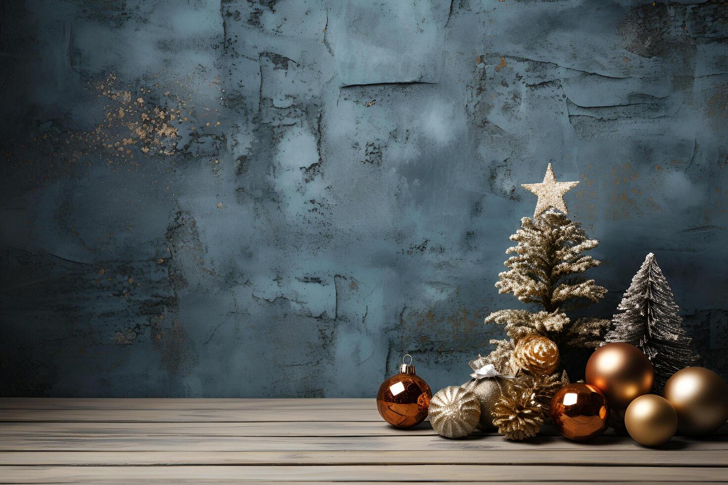 Christmas decoration on grunge decorative navy blue dark stucco wall. Gift boxes with copy space. Generative AI Illustration photo