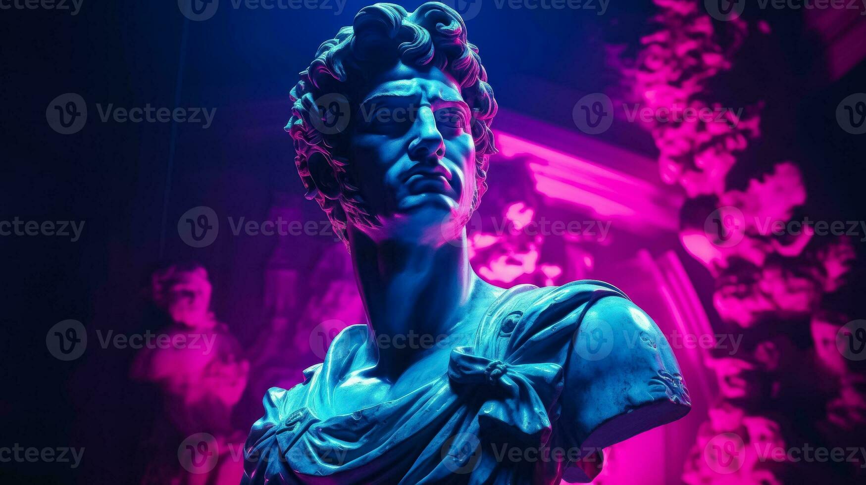 Antique statue in neon light modern concept background with a copy space photo