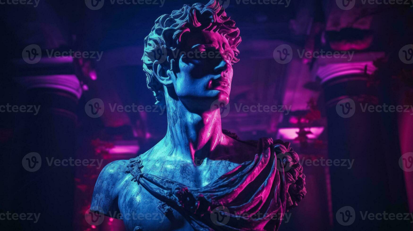 Antique statue in neon light modern concept background with a copy space photo