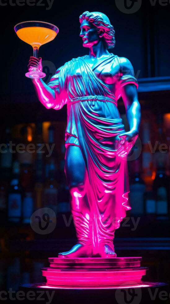 Antique statue in neon light with cocktail modern concept background with a copy space photo