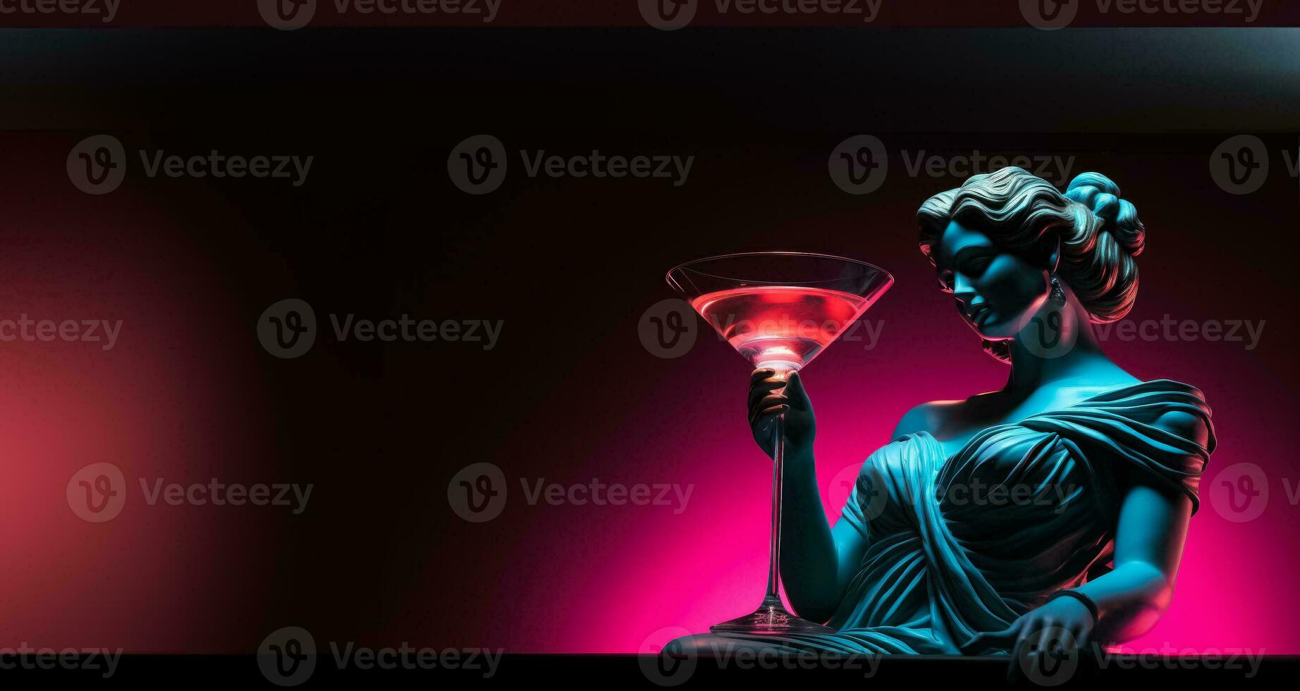 Antique statue in neon light with Espresso Martini cocktail modern concept background with a copy space photo