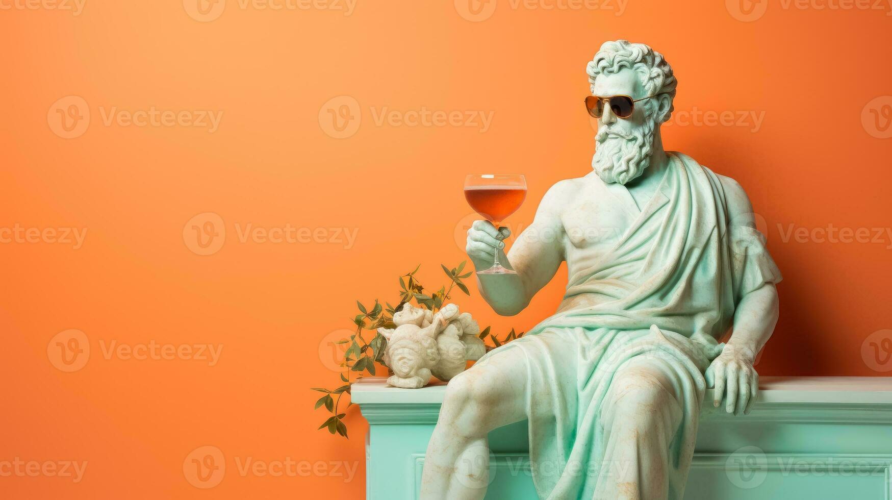 Art sculpture of ancient Italian from marble with cocktail isolated on a pastel background with a copy space photo