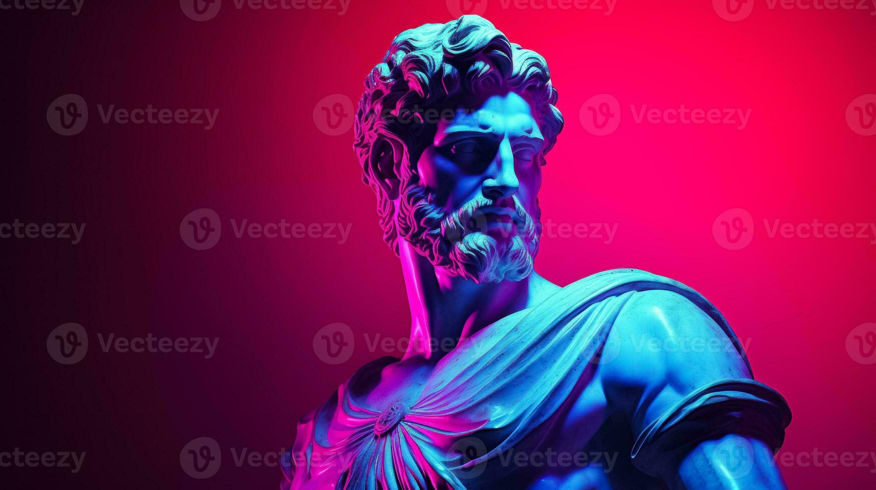 Antique statue in neon light modern concept background with a copy space photo