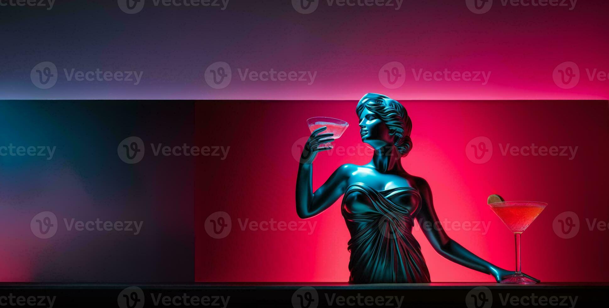 Antique statue in neon light with cocktail modern concept background with a copy space photo