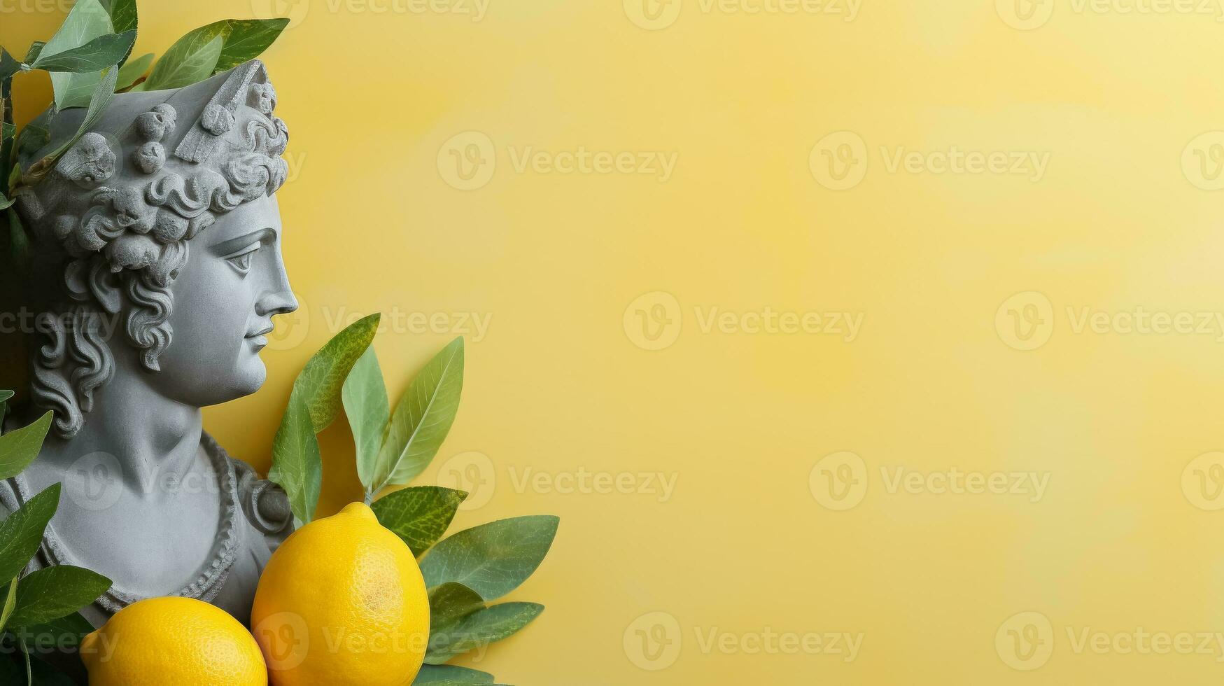 Art sculpture of ancient Italian from marble with lemon isolated on a pastel background with a copy space photo