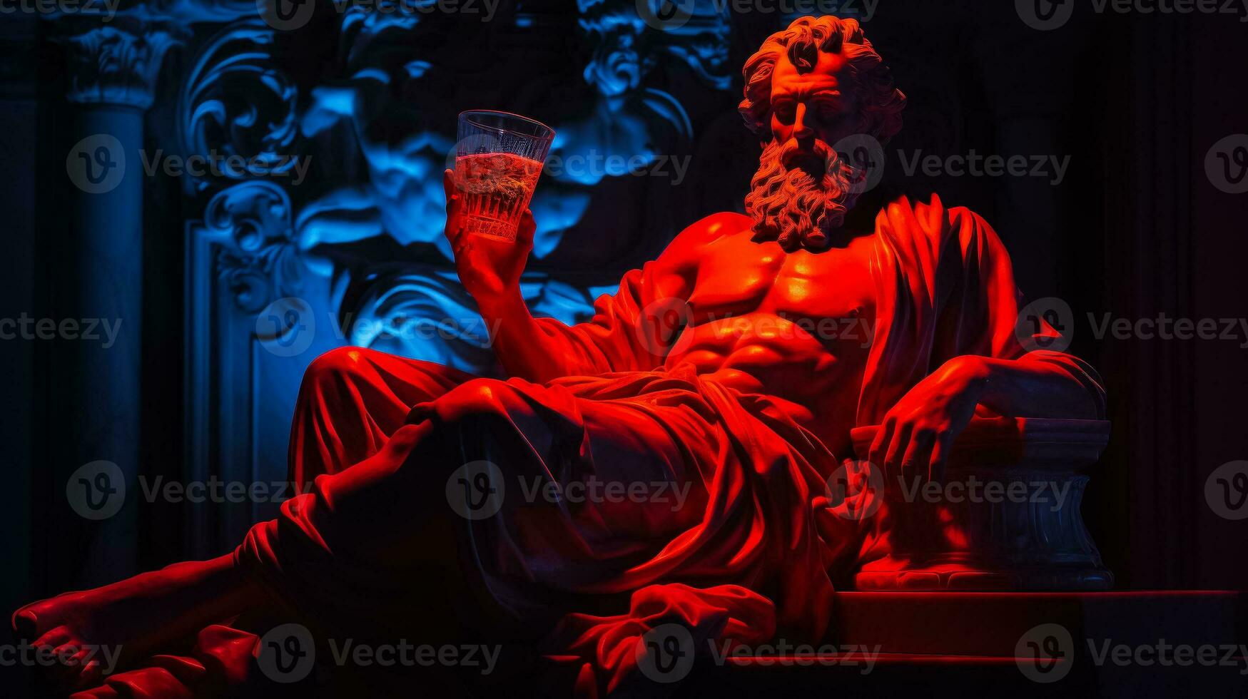 Antique statue in neon light with Negroni cocktail modern concept background with a copy space photo