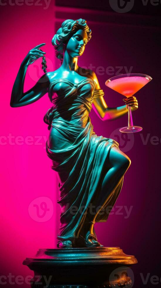 Antique statue in neon light with Martini cocktail modern concept background with a copy space photo