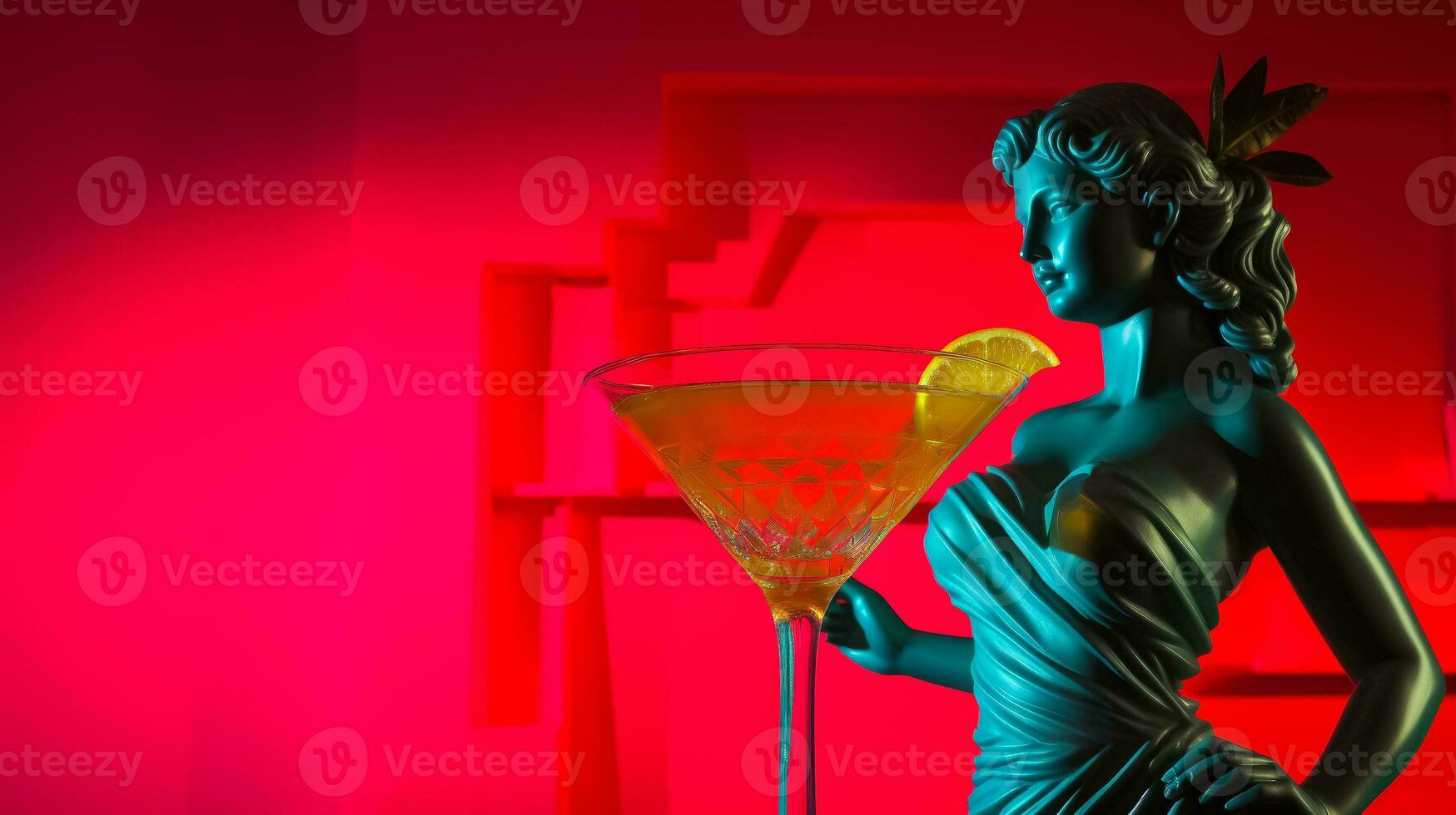 Antique statue in neon light with Daiquiri cocktail modern concept background with a copy space photo