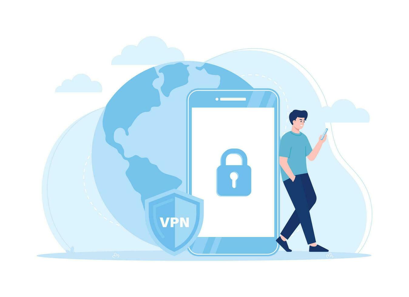 VPN service to protect data in computer and smartphone concept flat illustration vector