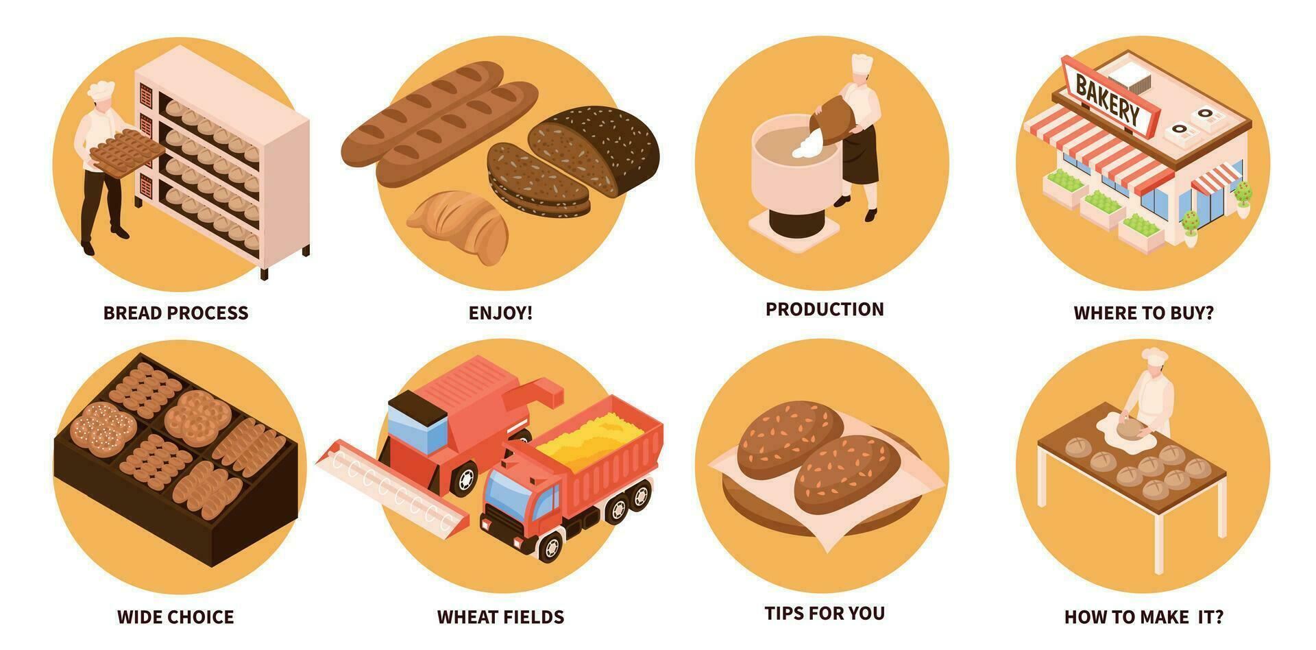 Bread Production Round Set vector